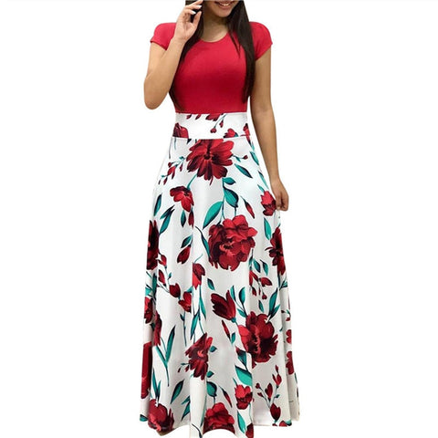 Vintage Floral Print Patchwork Long Dress Women 2018 Casual Short Sleeve Party Dress Elegant O Neck Ladies Maxi Dress Sundress