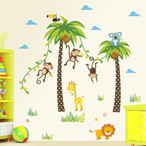 Forest Animals Giraffe Lion Monkey Palm Tree wall stickers for kids room Children Wall Decal Nursery Bedroom Decor Poster Mural